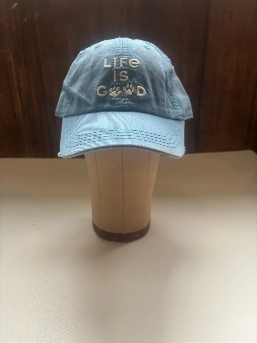 light blue Life is Good Sunwashed Chill Cap white embroidered